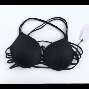 Shade & Shore Bikini Top Size 36C Black Strappy Push Up Padded Swim Top NWT
